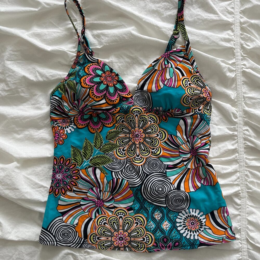 Funky 70s Floral Pattern Tankini Swim Top